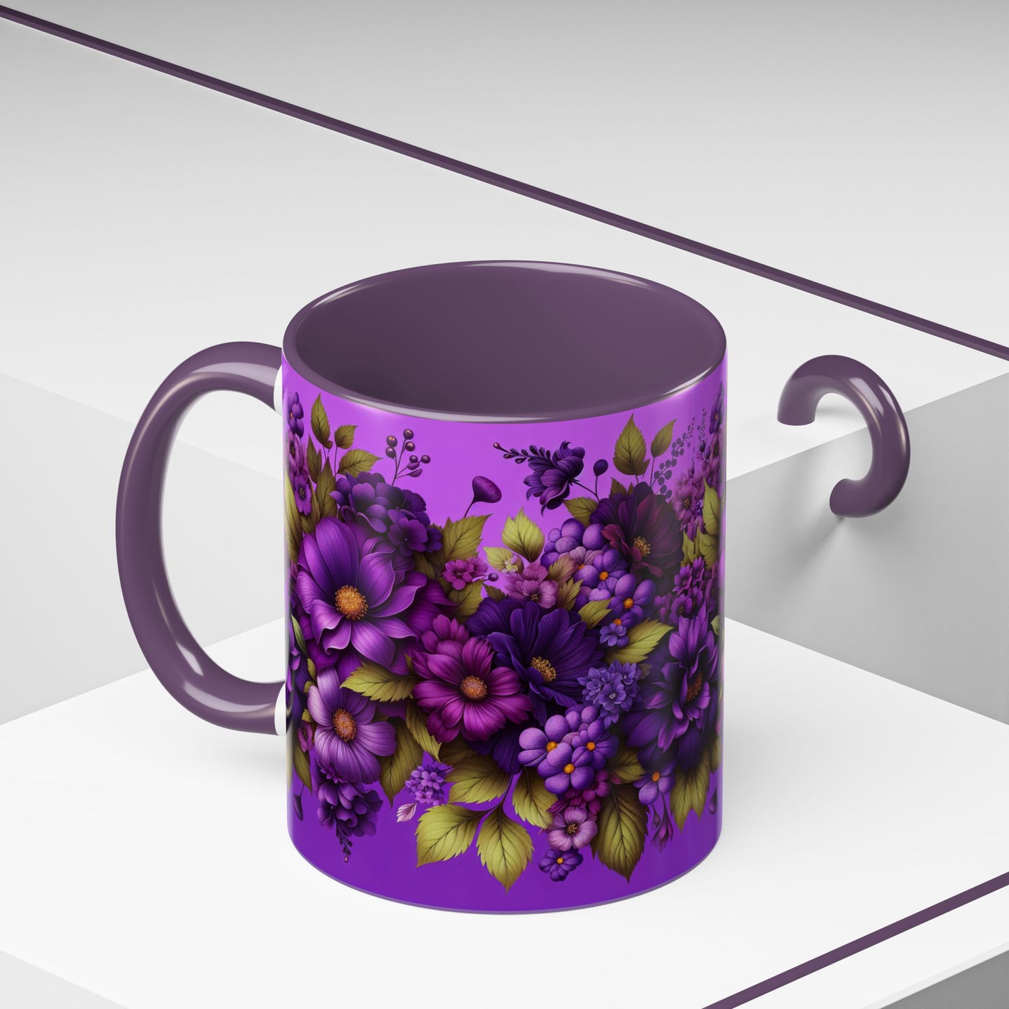 Purple Floral Accent Coffee Mug - 11oz & 15oz - Perfect for Flower Lovers