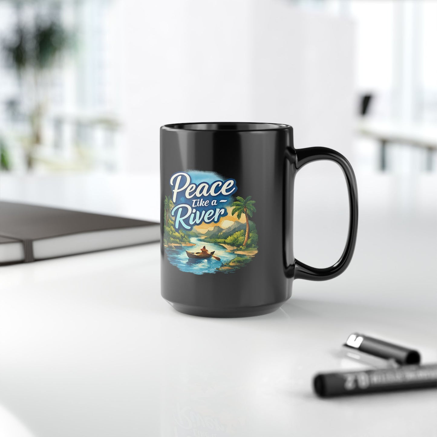 Peace Like a River Black Mug — Scenic River Boat Coffee Cup (11oz & 15oz)