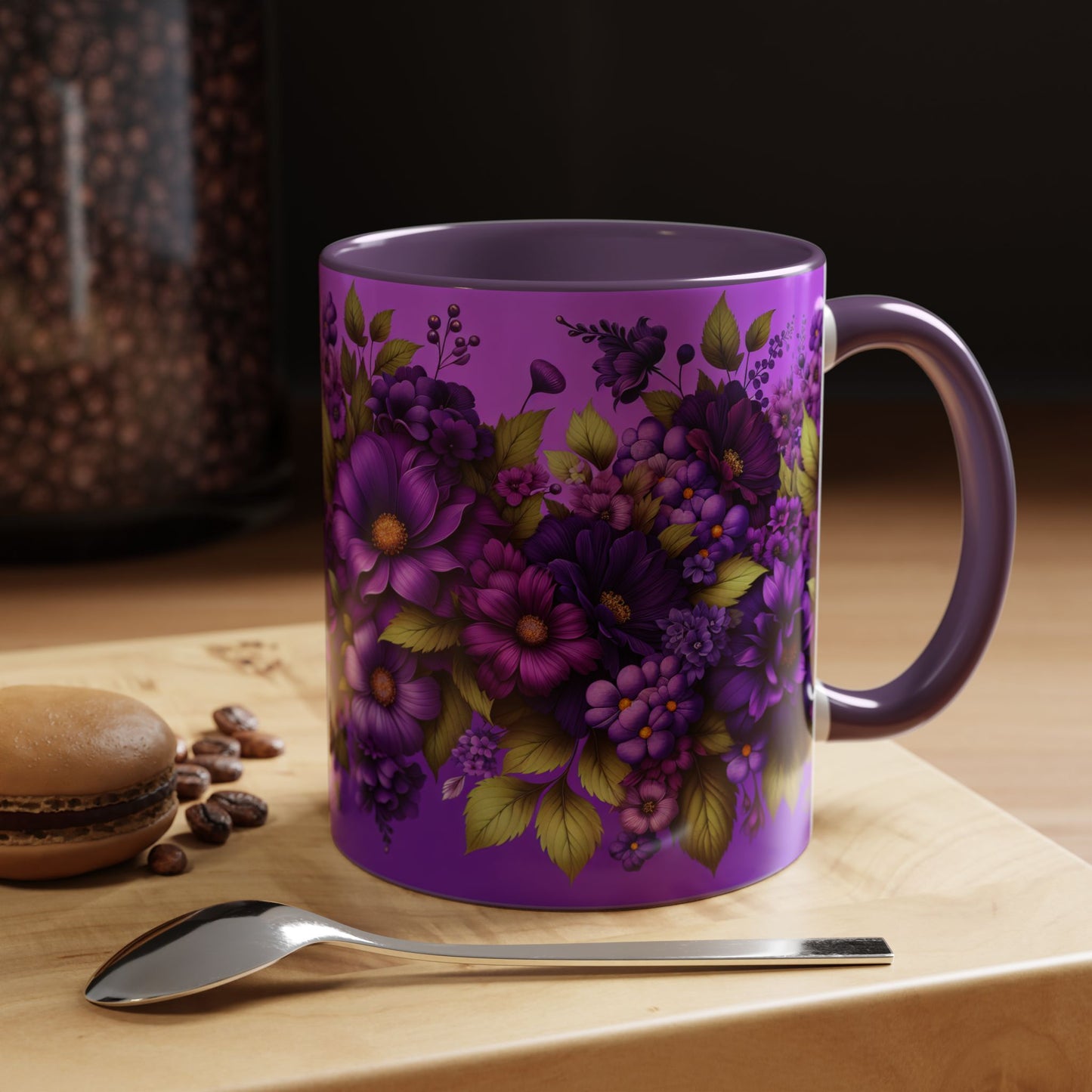 Purple Floral Accent Coffee Mug - 11oz & 15oz - Perfect for Flower Lovers