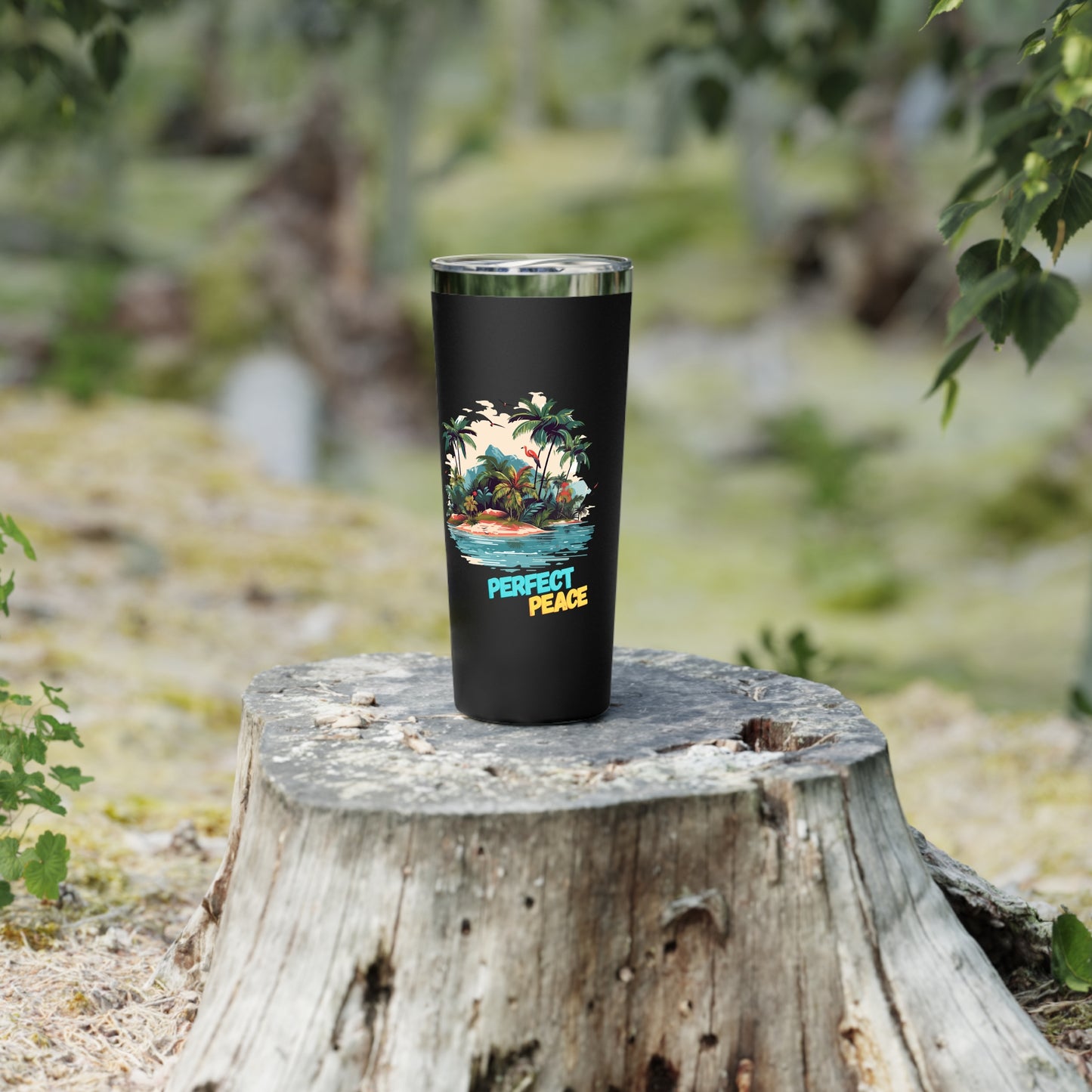 Tumbler with Tropical Design | Perfect Peace | Insulated Coffee Cup, Travel Mug, Vacation Gift, Summer Drinkware, Outdoor Adventures