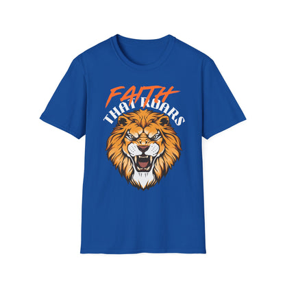 Faith That Roars Unisex Softstyle T-Shirt - Bold Lion Design for Inspiration