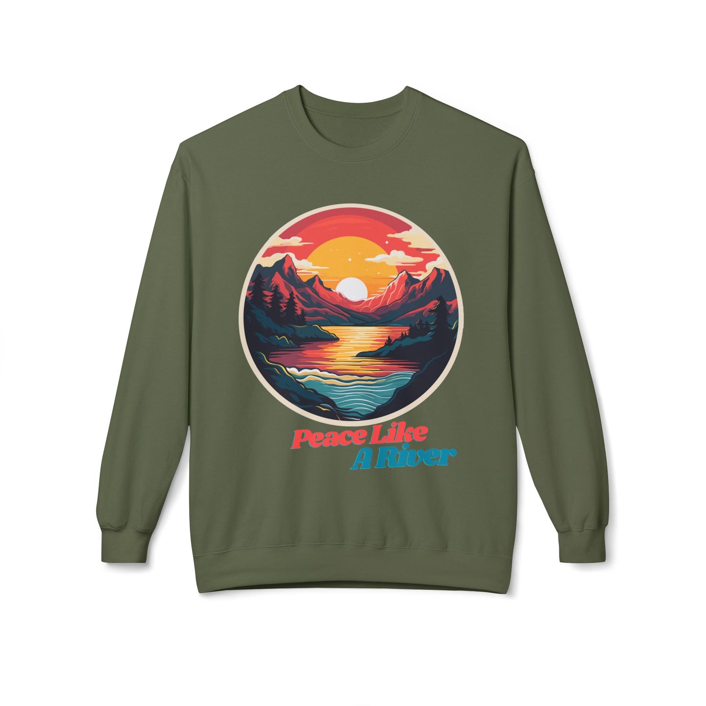 Peace Like a River Crewneck Sweatshirt — Sunset Mountain River Graphic