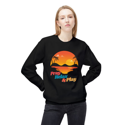 Pray Relax & Play Crewneck Sweatshirt — Retro Tropical Sunset