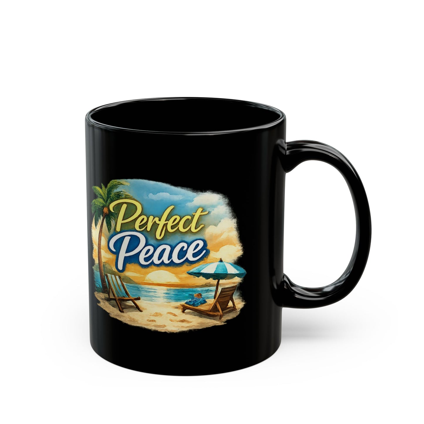 Perfect Peace Beach Mug — Black Ceramic Coffee Cup (11oz/15oz)