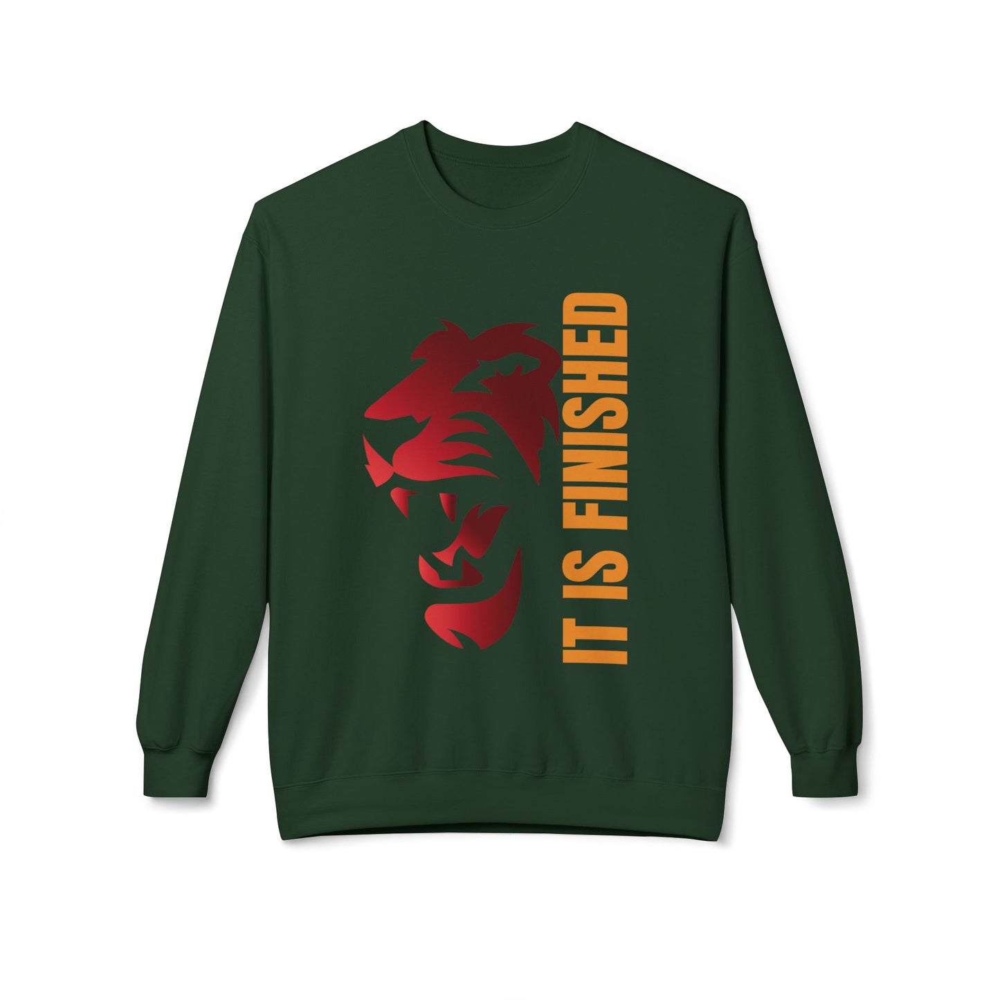 Tiger Face Crewneck Sweatshirt — Bold 'It Is Finished' Vertical Text