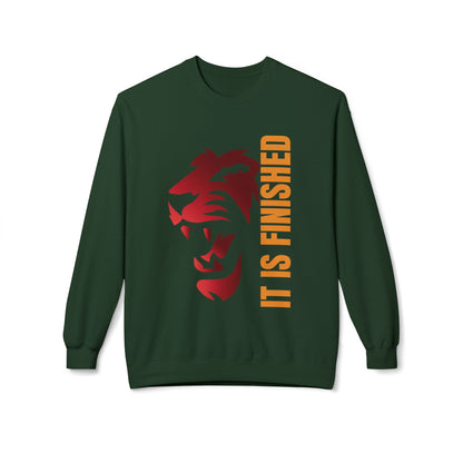 Tiger Face Crewneck Sweatshirt — Bold 'It Is Finished' Vertical Text