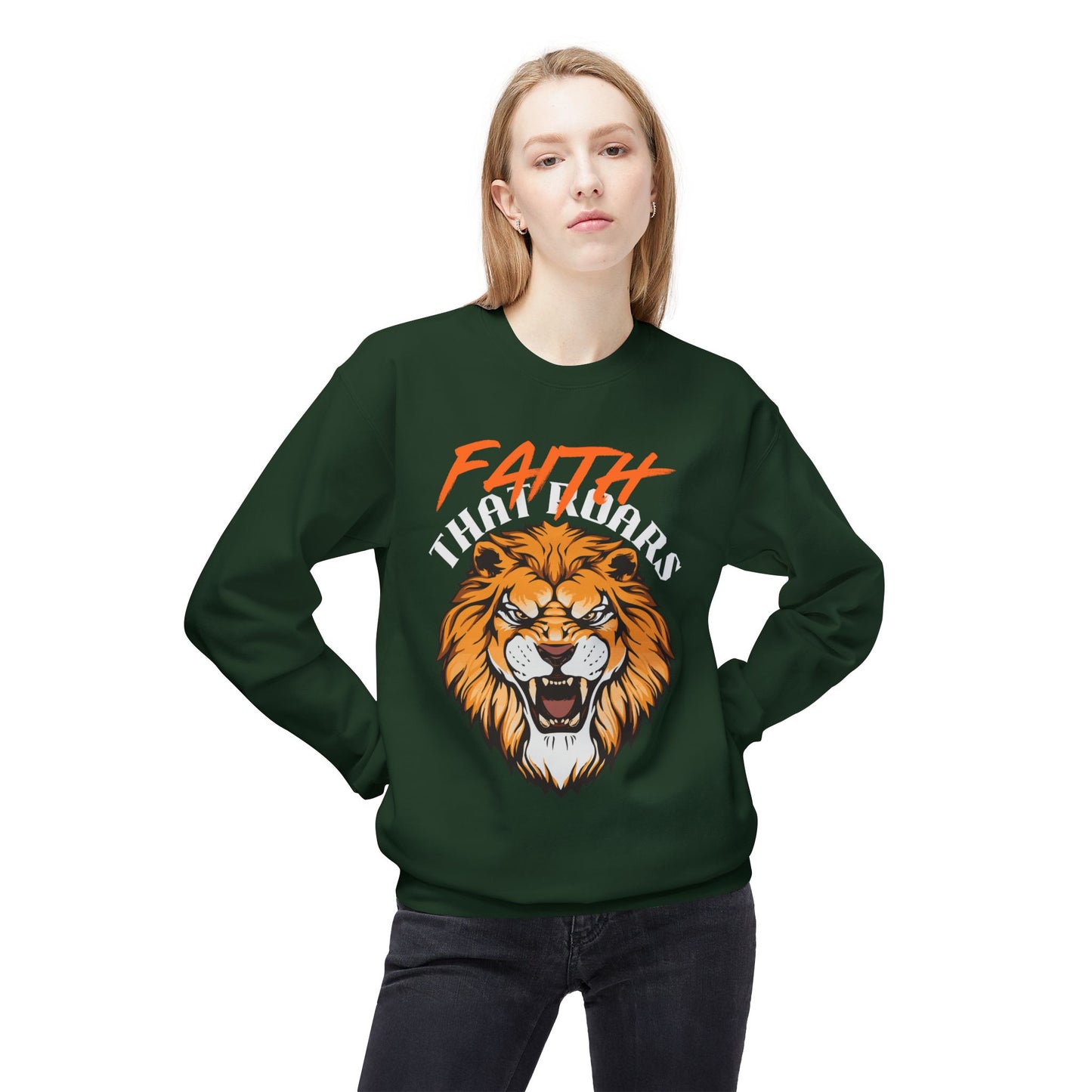 Lion Graphic Sweatshirt — "Faith That Roars" Bold Christian Crewneck
