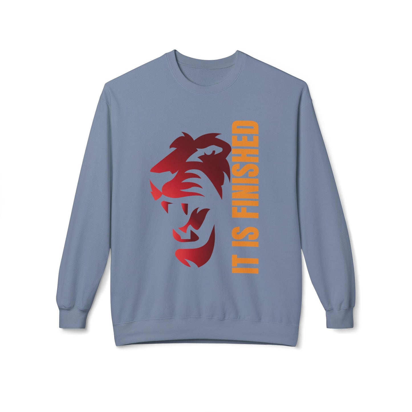 Tiger Face Crewneck Sweatshirt — Bold 'It Is Finished' Vertical Text