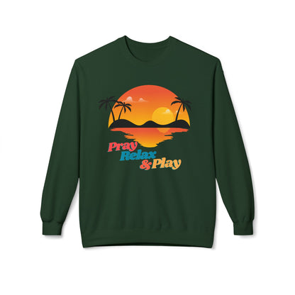 Pray Relax & Play Crewneck Sweatshirt — Retro Tropical Sunset