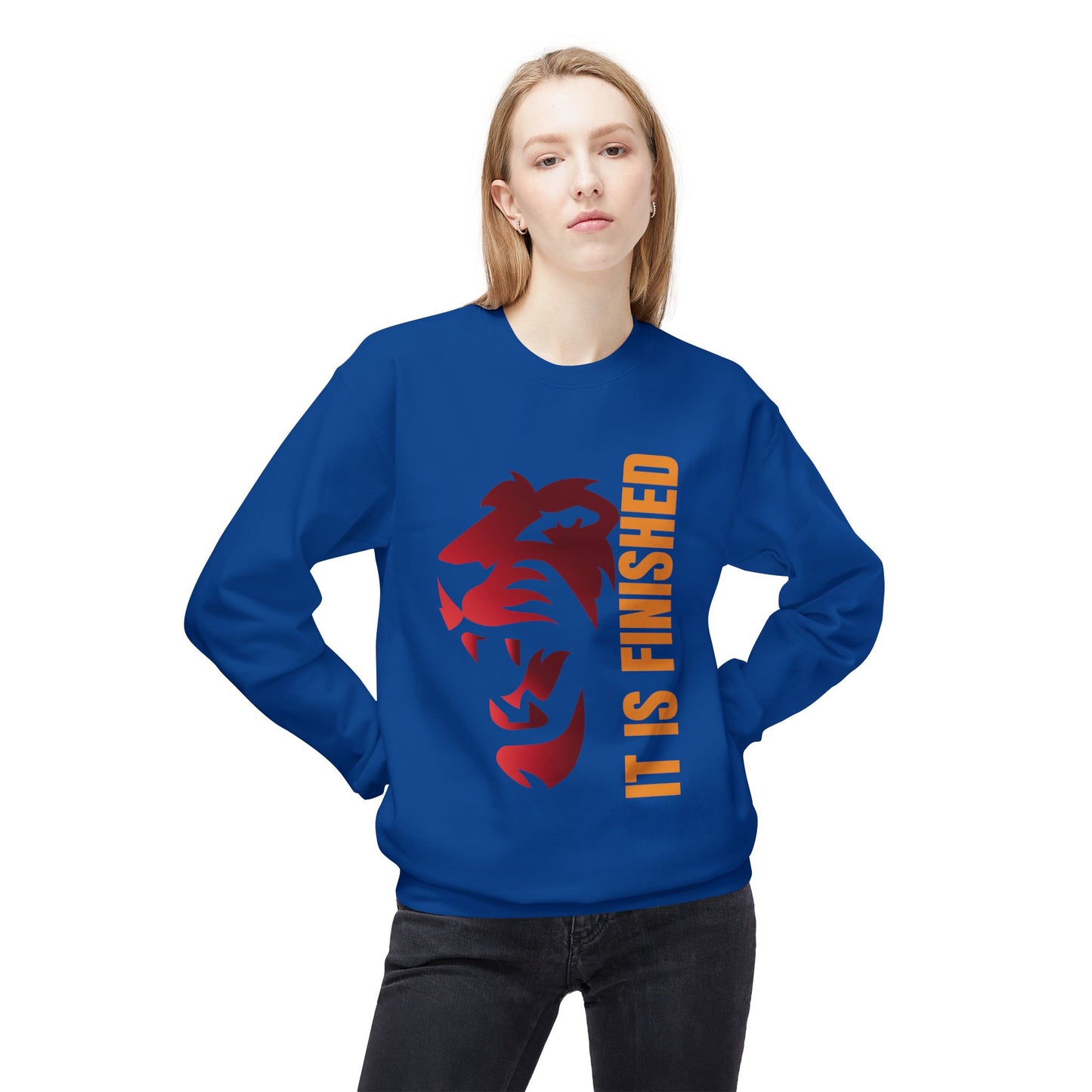 Tiger Face Crewneck Sweatshirt — Bold 'It Is Finished' Vertical Text