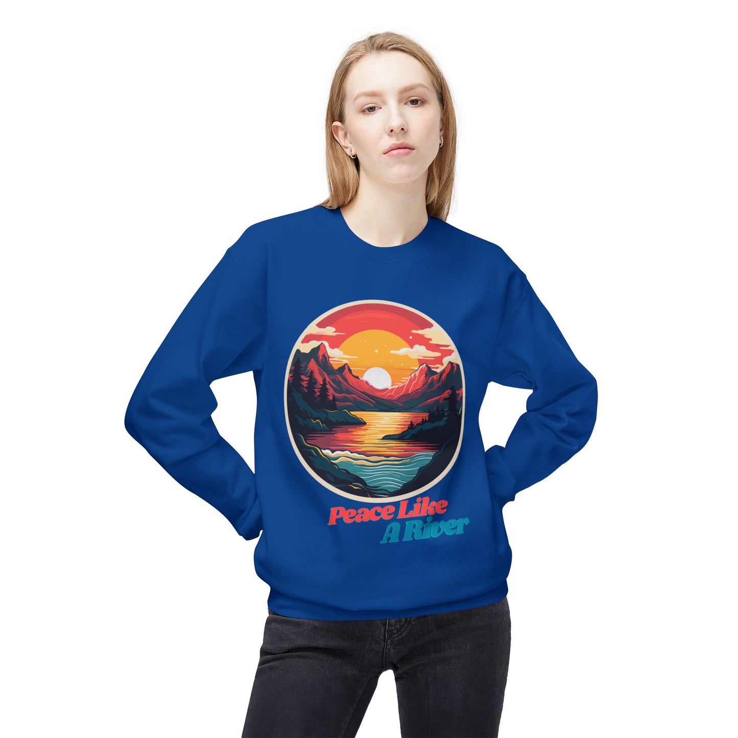Peace Like a River Crewneck Sweatshirt — Sunset Mountain River Graphic