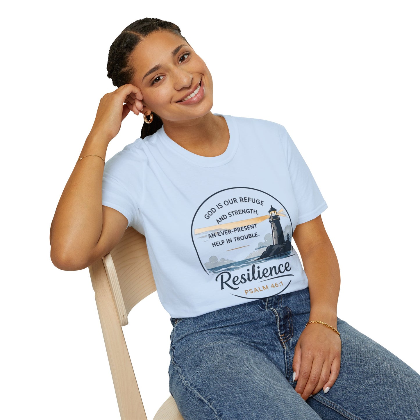 Resilience Lighthouse T-Shirt — Psalm 46:1 Inspirational Christian Tee