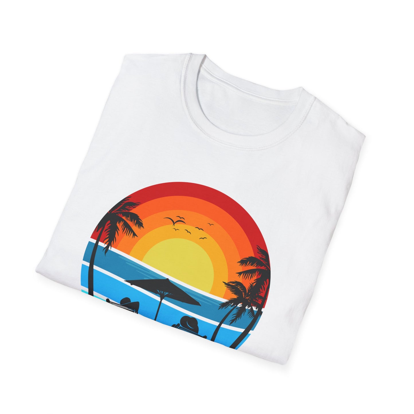 T-Shirt with Tropical Sunset Design, Relaxing Tee, Perfect for Beach Lovers, Great Gift for Vacations, Ideal for Summer Casual Wear