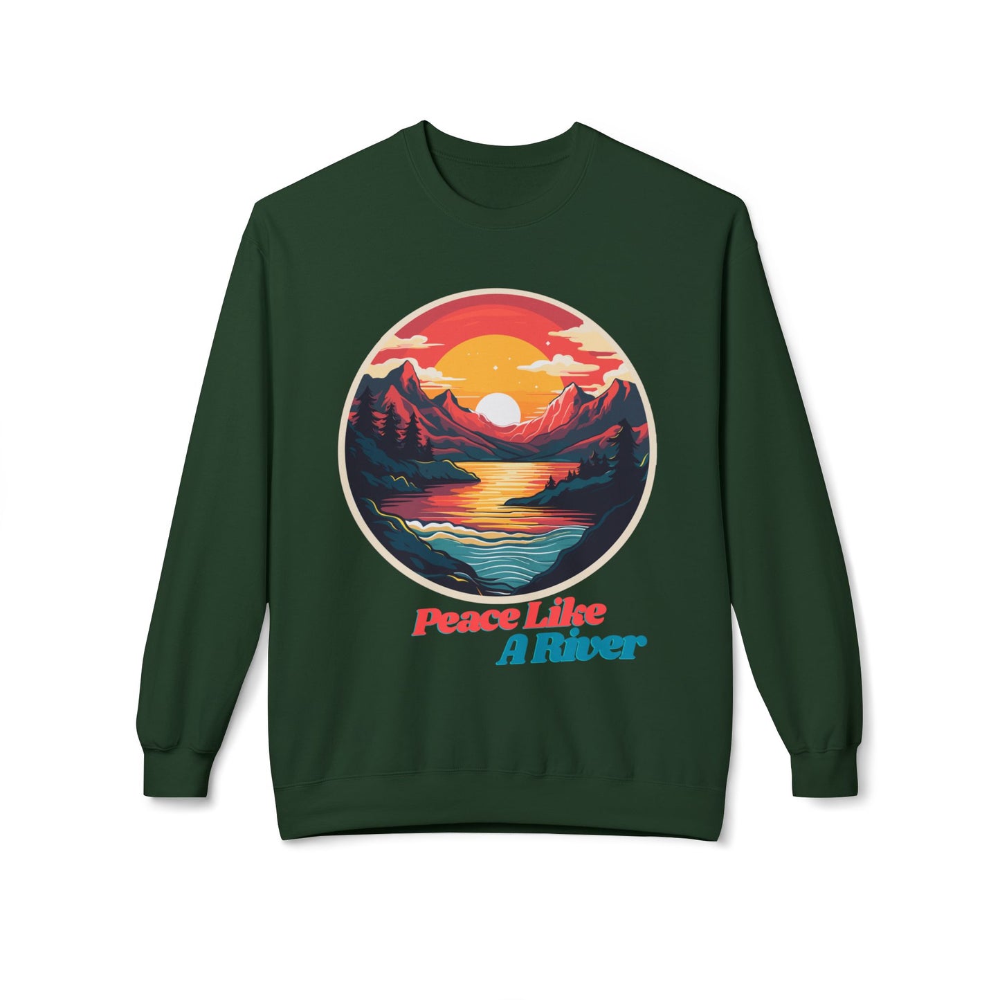 Peace Like a River Crewneck Sweatshirt — Sunset Mountain River Graphic