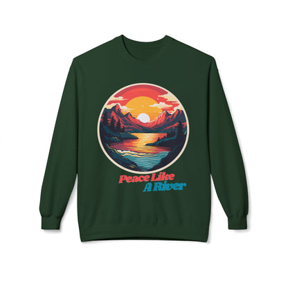 Peace Like a River Crewneck Sweatshirt — Sunset Mountain River Graphic