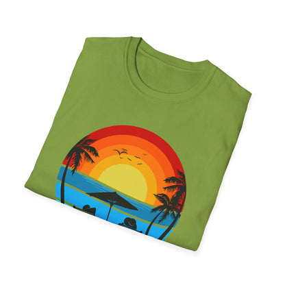T-Shirt with Tropical Sunset Design, Relaxing Tee, Perfect for Beach Lovers, Great Gift for Vacations, Ideal for Summer Casual Wear