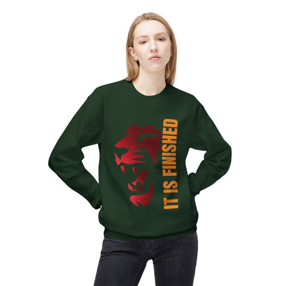 Tiger Face Crewneck Sweatshirt — Bold 'It Is Finished' Vertical Text
