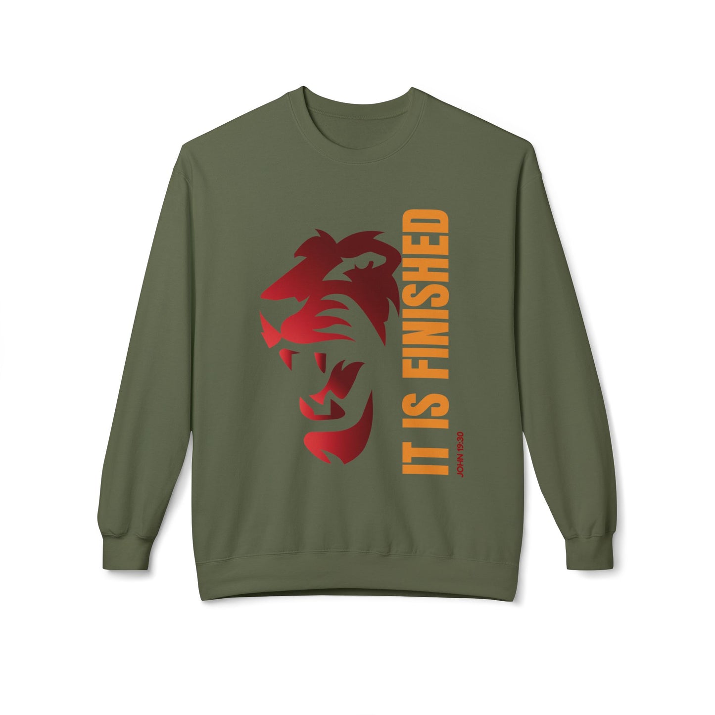 Tiger Face Crewneck Sweatshirt — Bold 'It Is Finished' Vertical Text