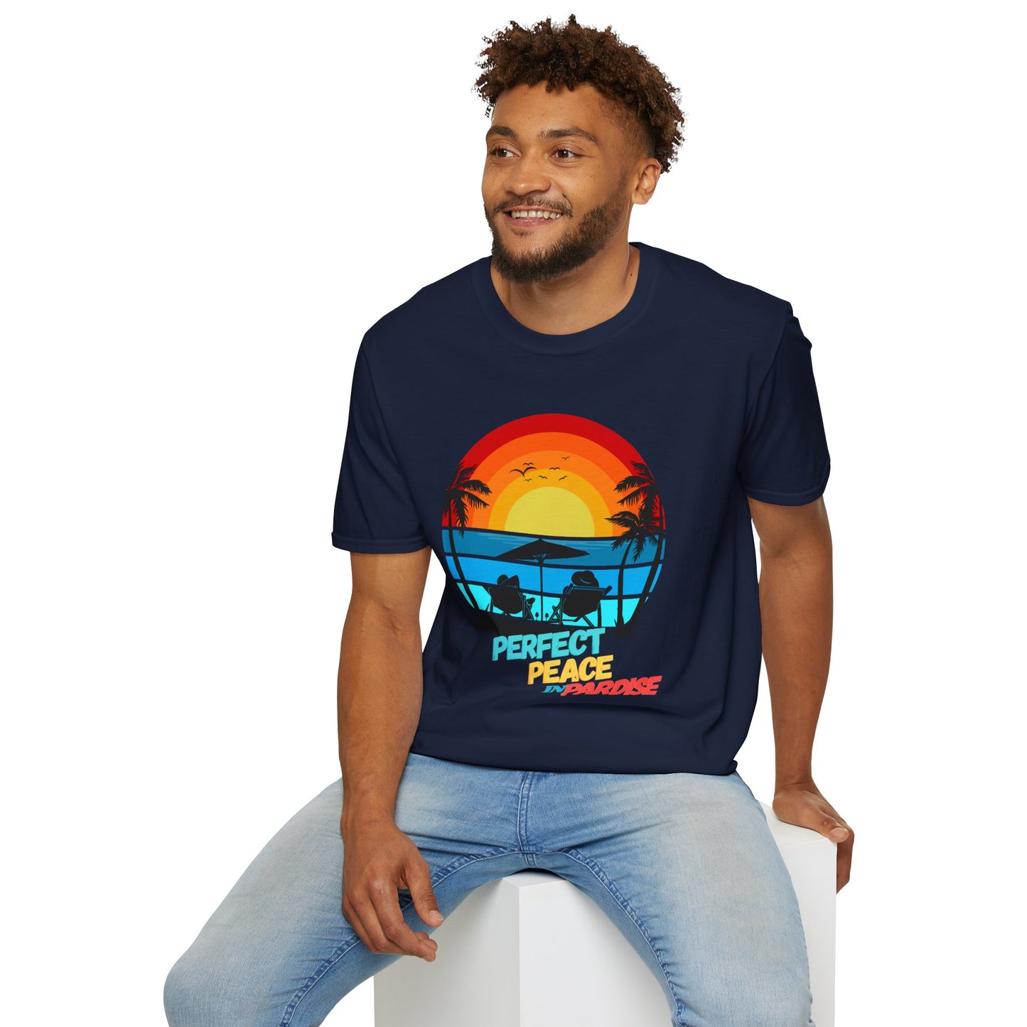 T-Shirt with Tropical Sunset Design, Relaxing Tee, Perfect for Beach Lovers, Great Gift for Vacations, Ideal for Summer Casual Wear