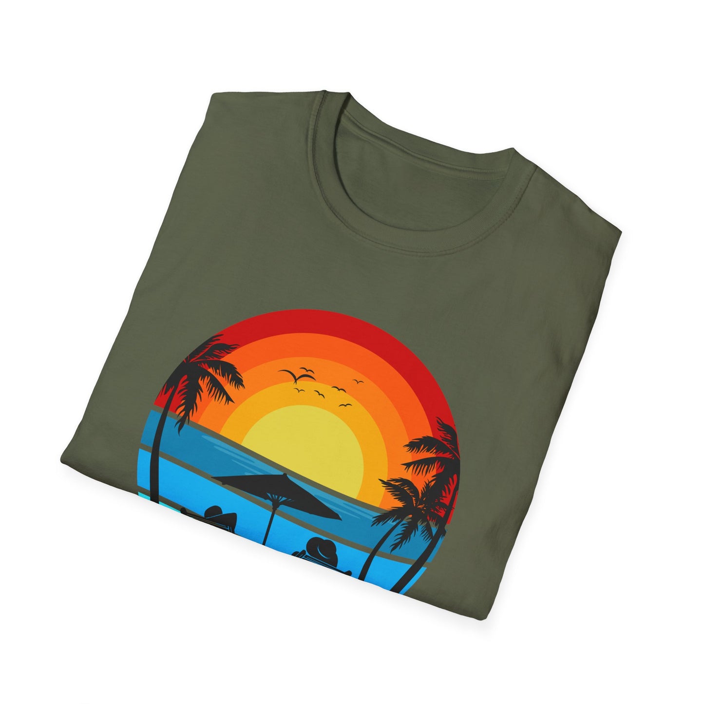 T-Shirt with Tropical Sunset Design, Relaxing Tee, Perfect for Beach Lovers, Great Gift for Vacations, Ideal for Summer Casual Wear