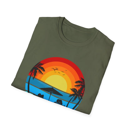 T-Shirt with Tropical Sunset Design, Relaxing Tee, Perfect for Beach Lovers, Great Gift for Vacations, Ideal for Summer Casual Wear