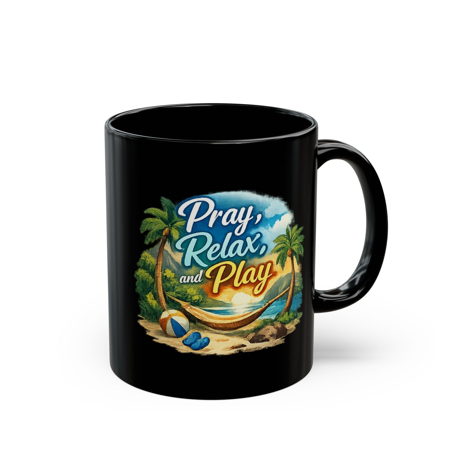Pray Relax and Play Mug — Tropical Beach Christian Coffee Cup (11oz/15oz)
