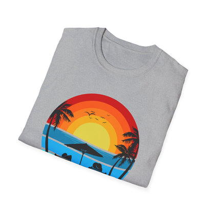 T-Shirt with Tropical Sunset Design, Relaxing Tee, Perfect for Beach Lovers, Great Gift for Vacations, Ideal for Summer Casual Wear