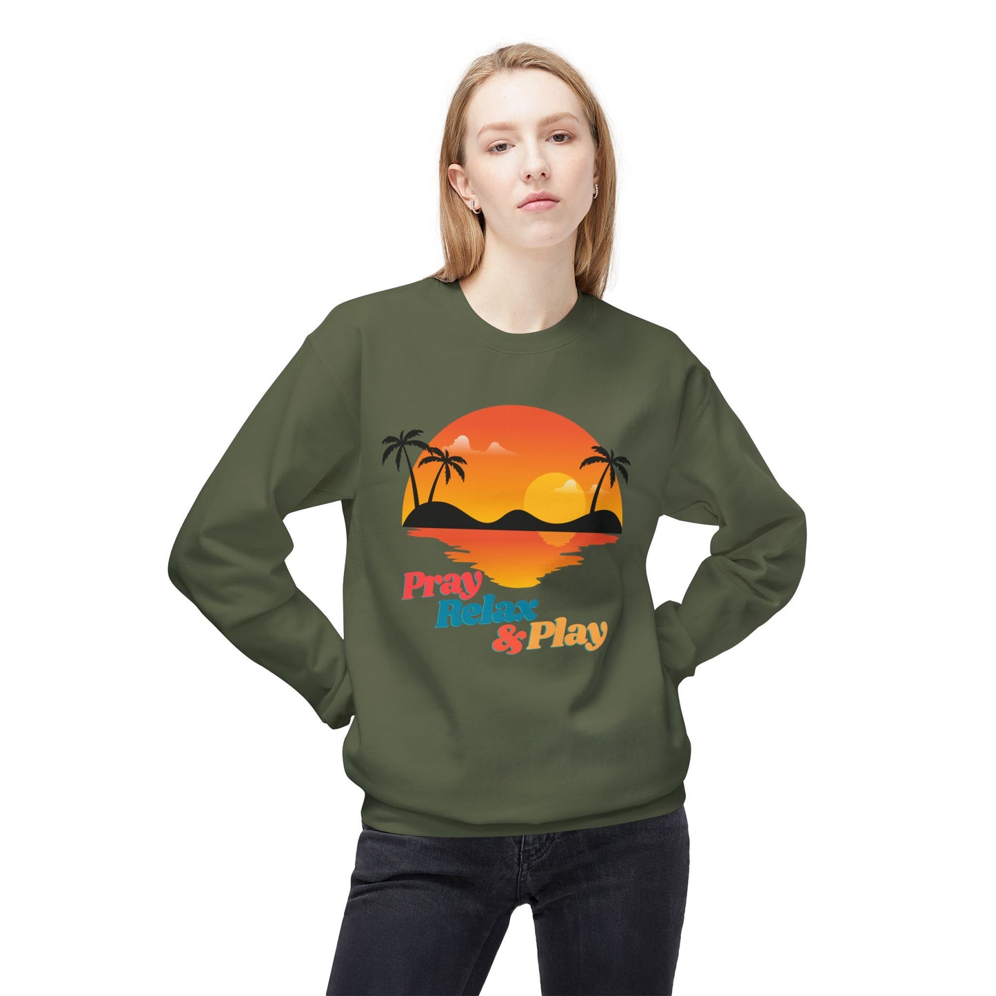 Pray Relax & Play Crewneck Sweatshirt — Retro Tropical Sunset