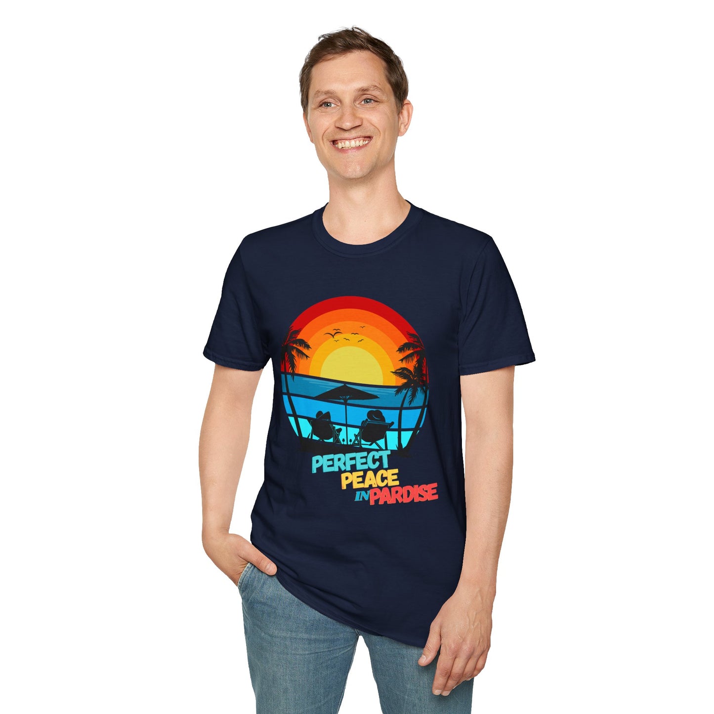T-Shirt with Tropical Sunset Design, Relaxing Tee, Perfect for Beach Lovers, Great Gift for Vacations, Ideal for Summer Casual Wear