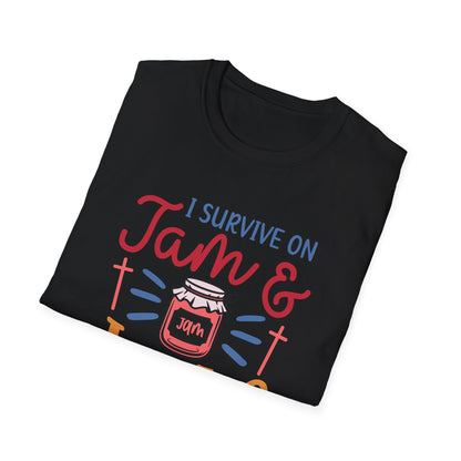 Jam & Jesus T-Shirt — I Survive on Jam & Jesus Christian Faith Tee