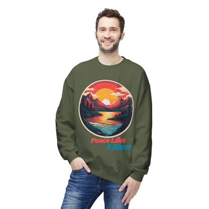 Peace Like a River Crewneck Sweatshirt — Sunset Mountain River Graphic