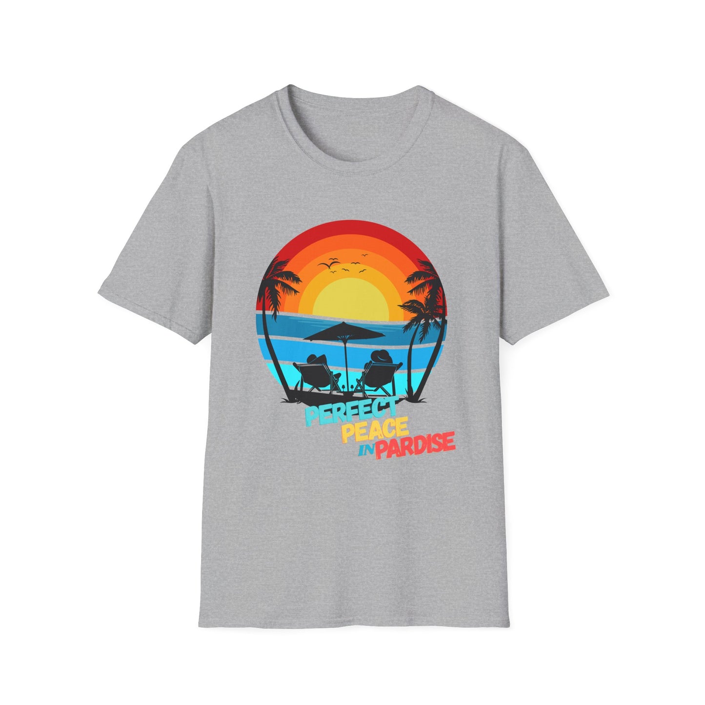 T-Shirt with Tropical Sunset Design, Relaxing Tee, Perfect for Beach Lovers, Great Gift for Vacations, Ideal for Summer Casual Wear