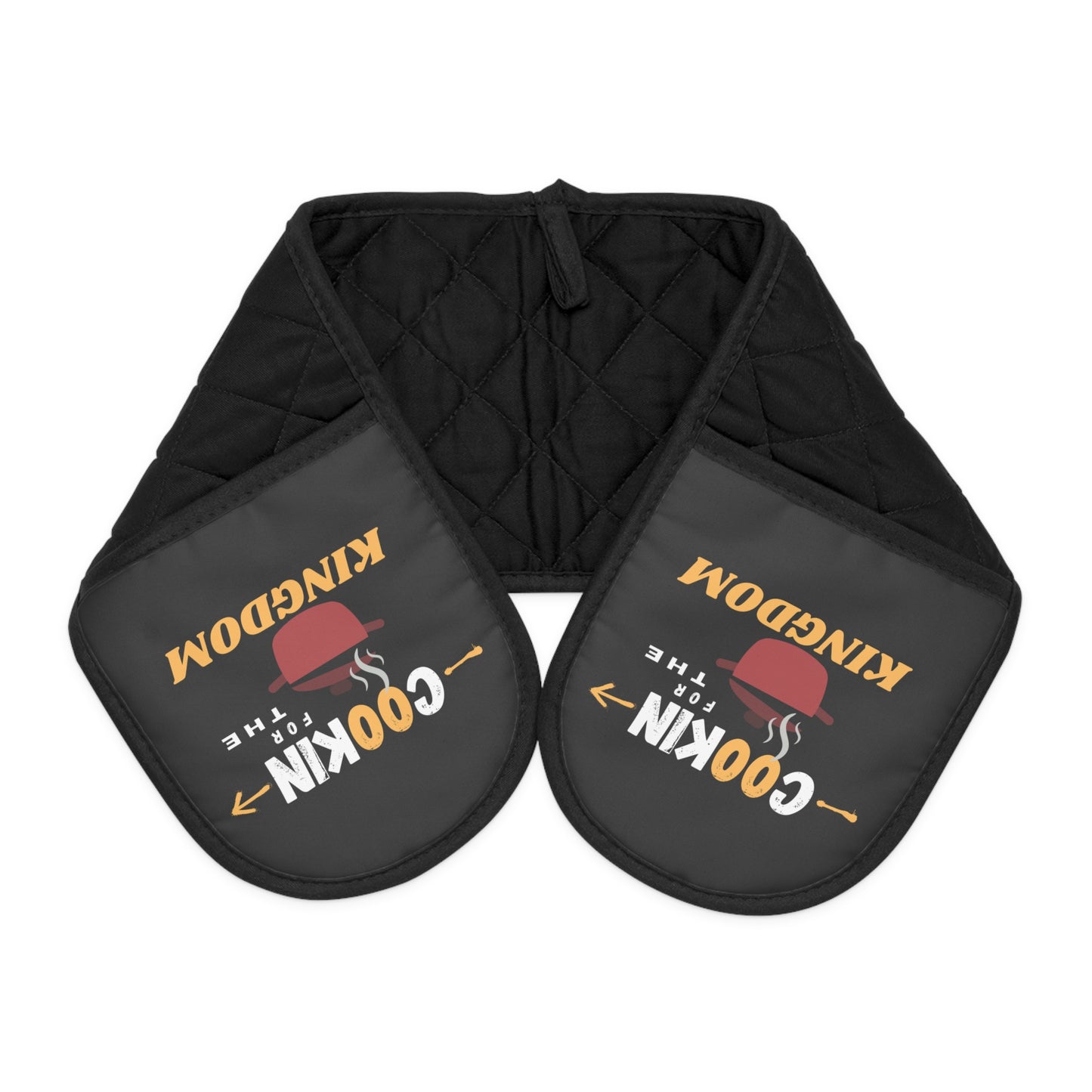 Double Oven Mitt Set — "Cookin' Kingdom" Black Quilted Pot Holders for Home Cooks