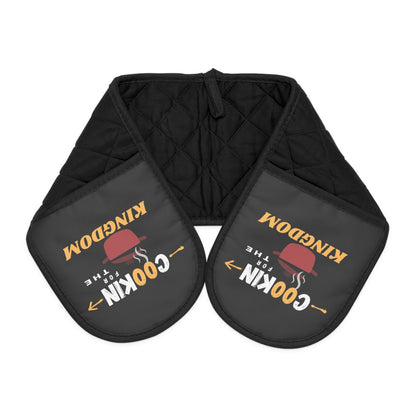 Double Oven Mitt Set — "Cookin' Kingdom" Black Quilted Pot Holders for Home Cooks
