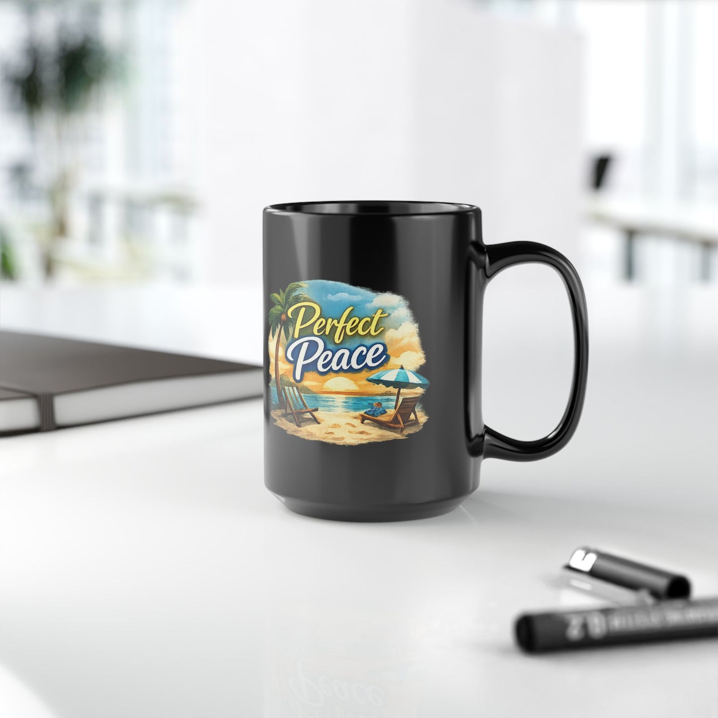 Perfect Peace Beach Mug — Black Ceramic Coffee Cup (11oz/15oz)