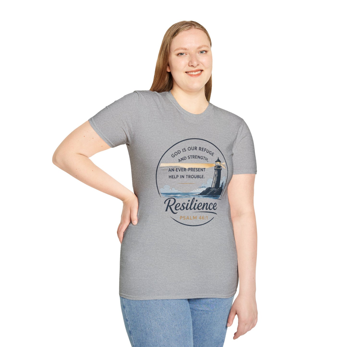 Resilience Lighthouse T-Shirt — Psalm 46:1 Inspirational Christian Tee