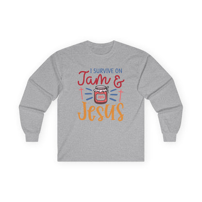 Long Sleeve Tee — "I Survive on Jam & Jesus" Christian Jam Lover Shirt