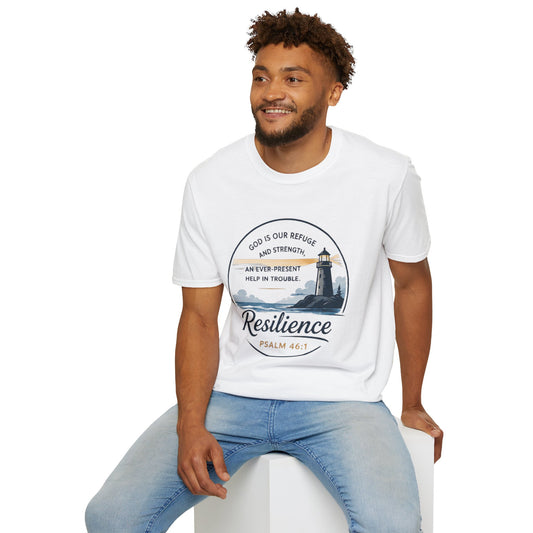 Resilience Lighthouse T-Shirt — Psalm 46:1 Inspirational Christian Tee