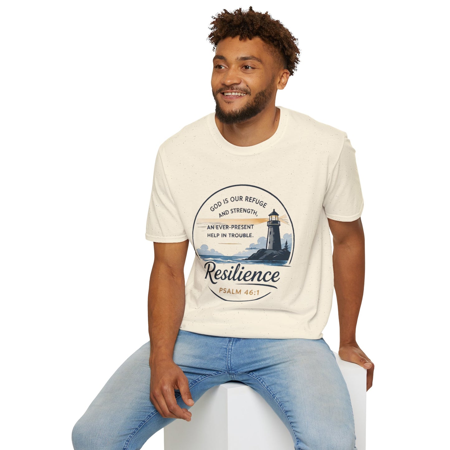 Resilience Lighthouse T-Shirt — Psalm 46:1 Inspirational Christian Tee