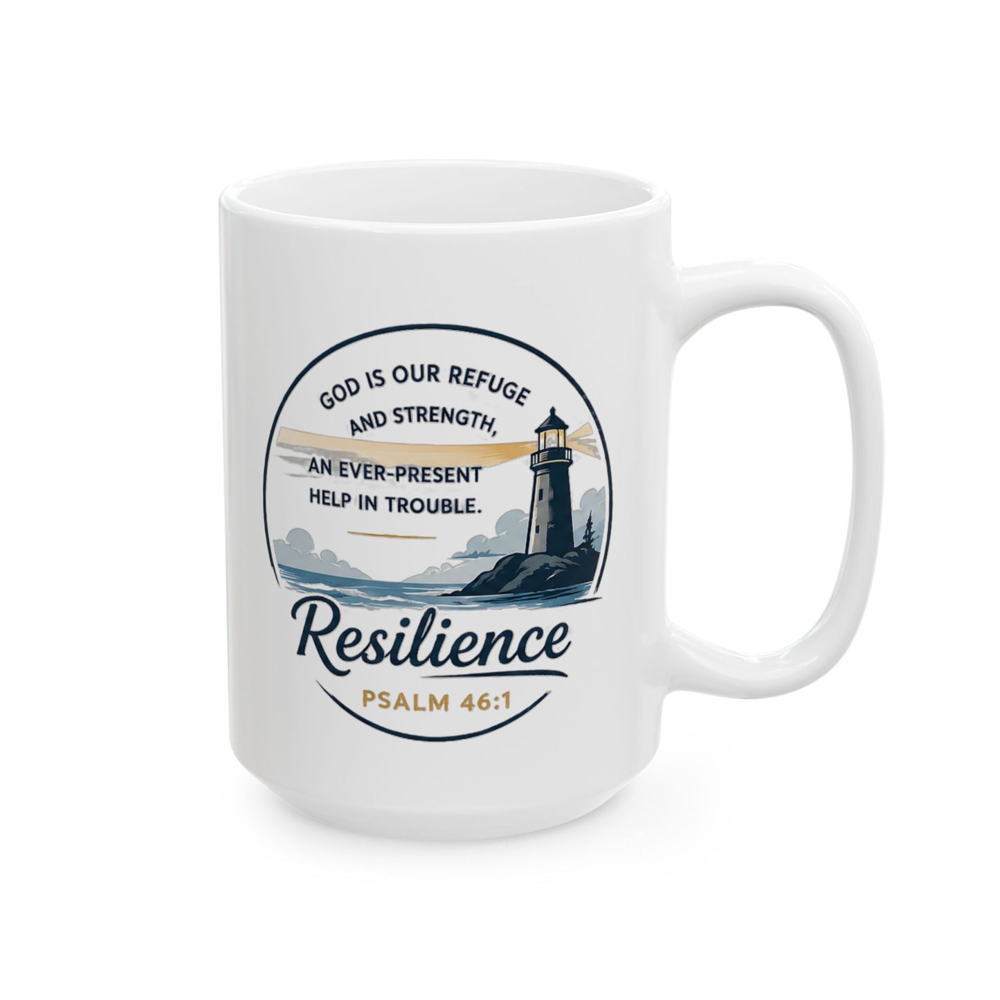 Resilience Lighthouse Ceramic Mug (11oz/15oz) — Inspirational Coastal Coffee Cup