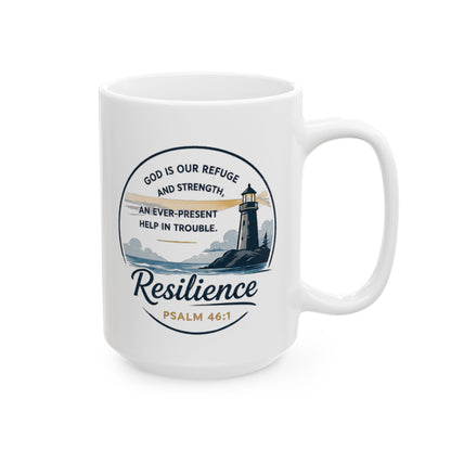 Resilience Lighthouse Ceramic Mug (11oz/15oz) — Inspirational Coastal Coffee Cup