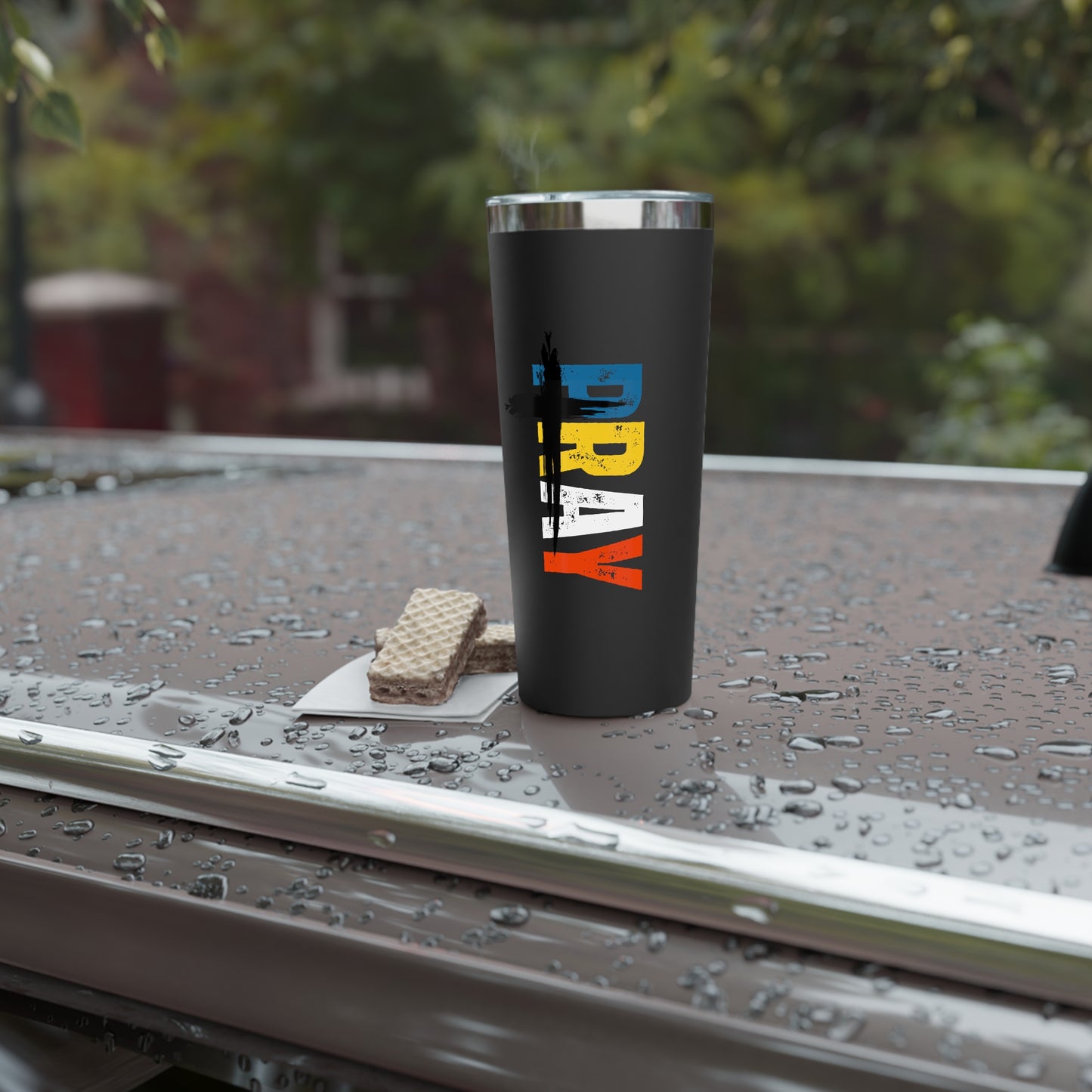 PRAY Colorful Tumbler — Brave Colorblock Vertical Text Insulated Travel Cup (22oz)