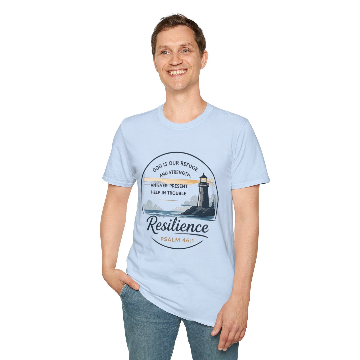 Resilience Lighthouse T-Shirt — Psalm 46:1 Inspirational Christian Tee