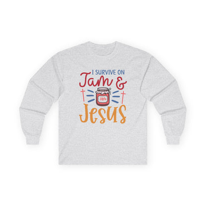 Long Sleeve Tee — "I Survive on Jam & Jesus" Christian Jam Lover Shirt