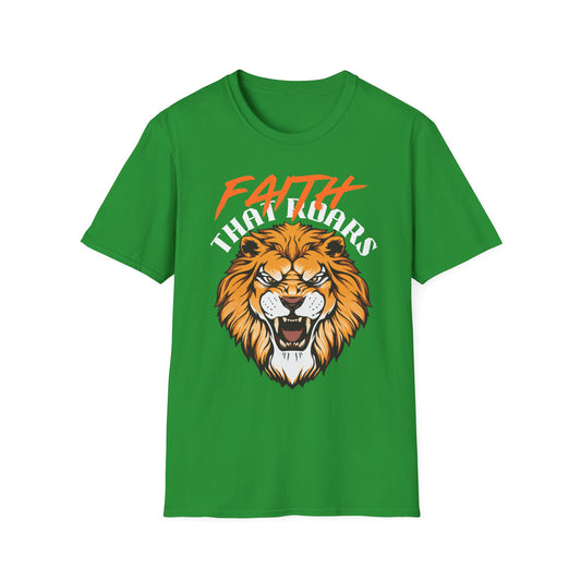Faith That Roars Unisex Softstyle T-Shirt - Bold Lion Design for Inspiration