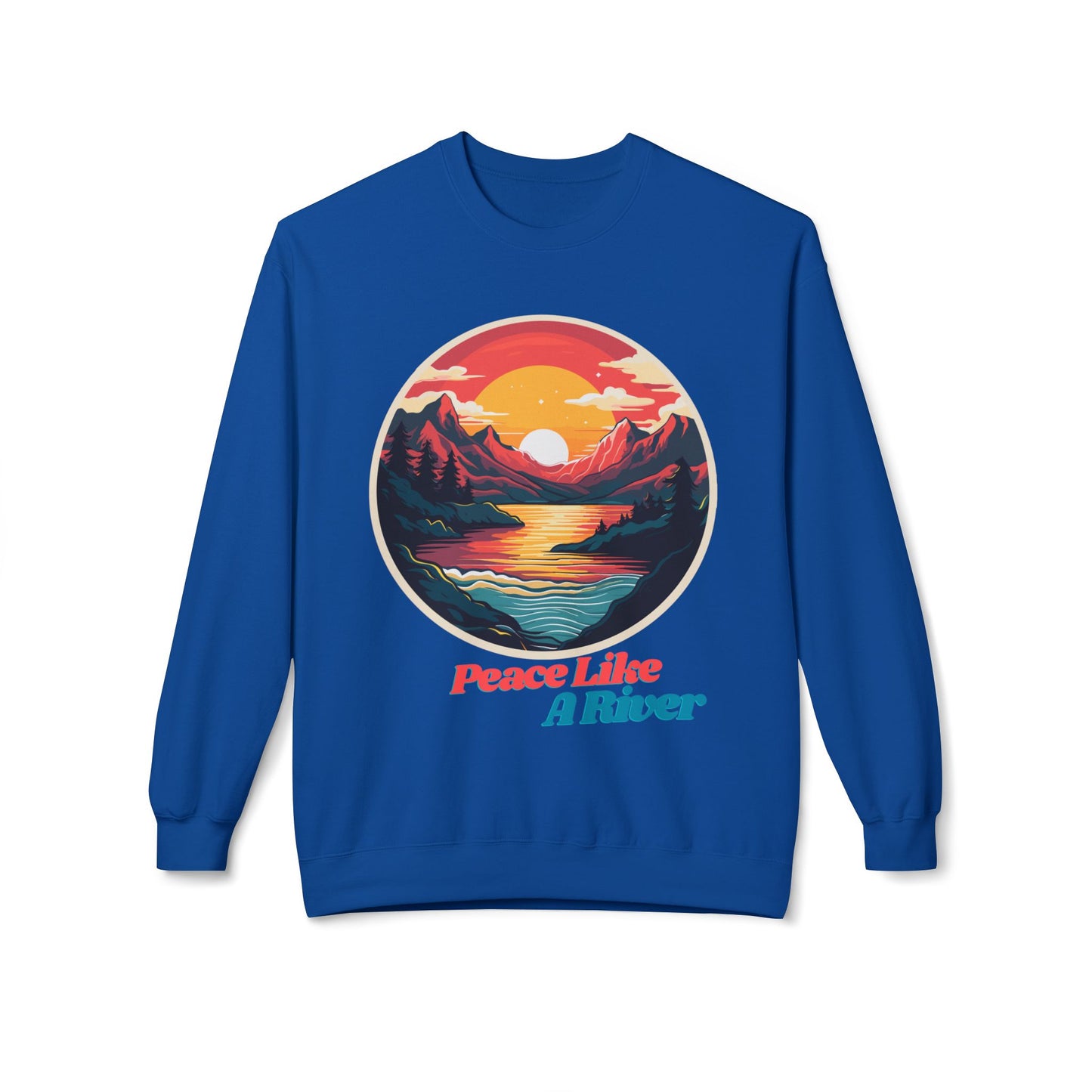 Peace Like a River Crewneck Sweatshirt — Sunset Mountain River Graphic