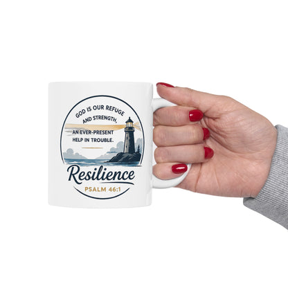 Resilience Lighthouse Ceramic Mug (11oz/15oz) — Inspirational Coastal Coffee Cup