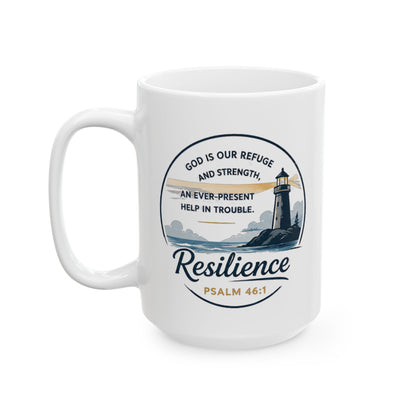 Resilience Lighthouse Ceramic Mug (11oz/15oz) — Inspirational Coastal Coffee Cup