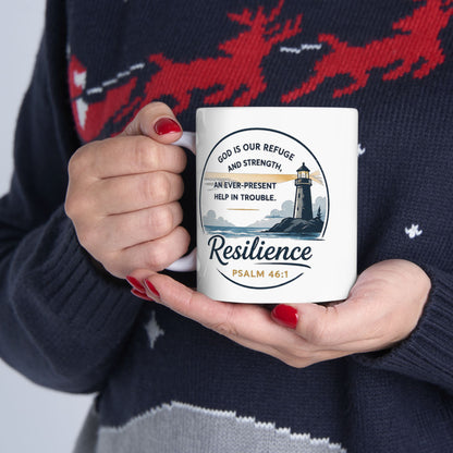 Resilience Lighthouse Ceramic Mug (11oz/15oz) — Inspirational Coastal Coffee Cup