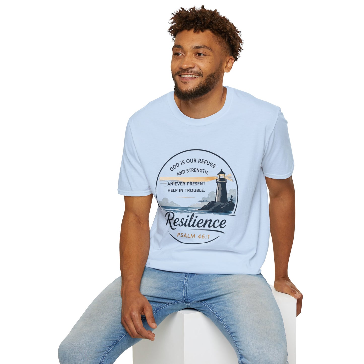 Resilience Lighthouse T-Shirt — Psalm 46:1 Inspirational Christian Tee